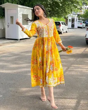 Ada Mulmul Floral Chikankari Dress