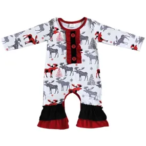 Baby Romper - Christmas - Woodland Deer Buffalo Plaid Ruffle