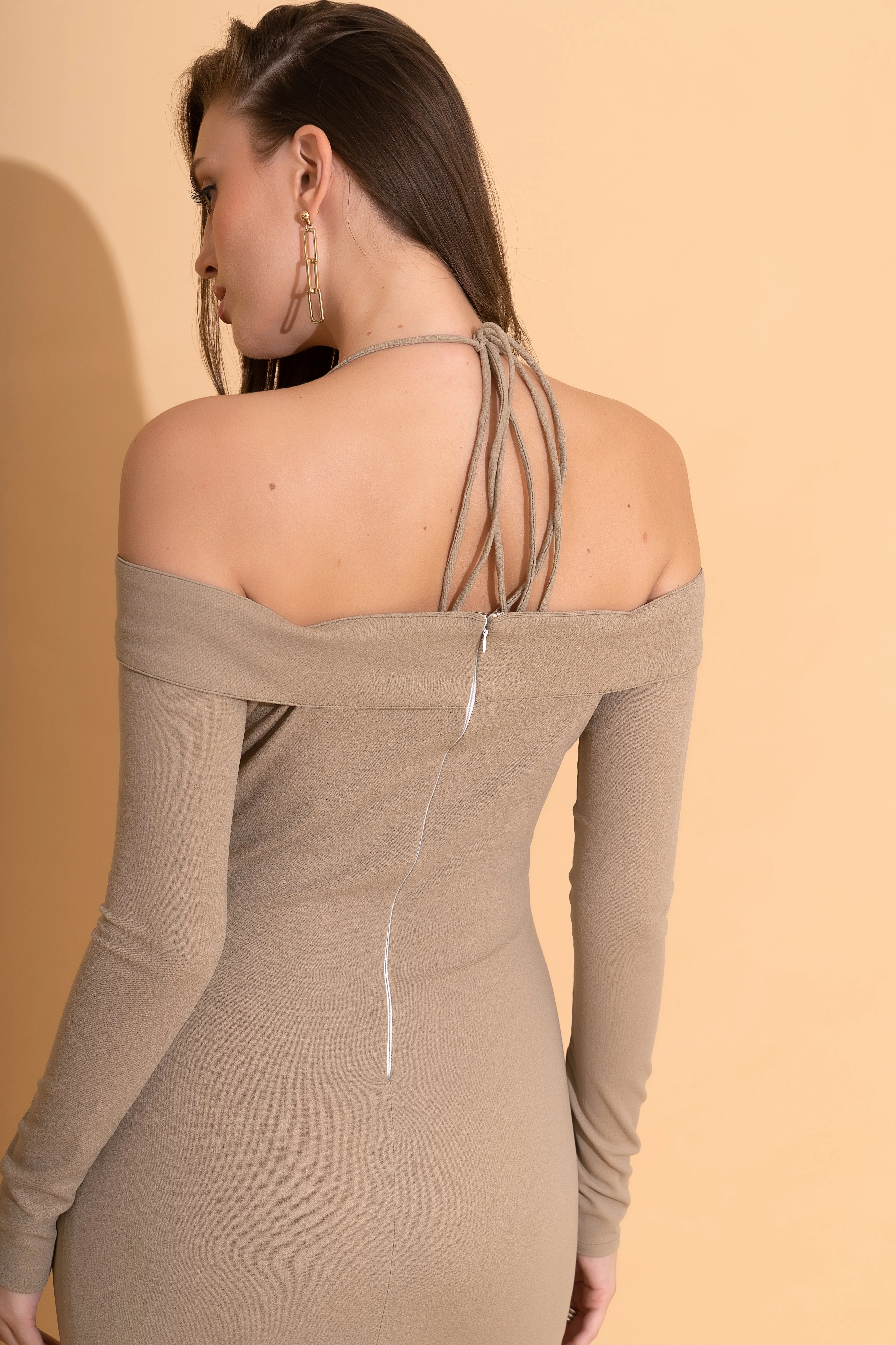 Beige Lycra Off-Shoulder Dress