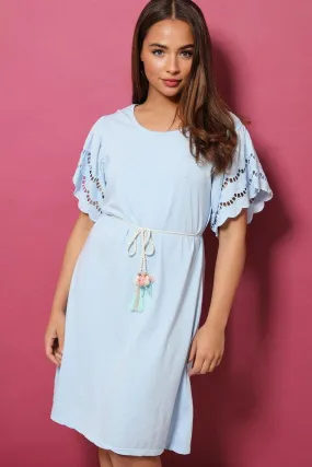 Blue Crochet Sleeves Rope Tie 100% Cotton Dress