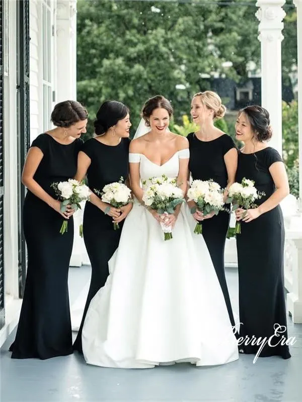 Cap Sleeves Long Mermaid Black Jersey Bridesmaid Dresses, Long Bridesmaid Dresses, Cheap Bridesmaid Dresses