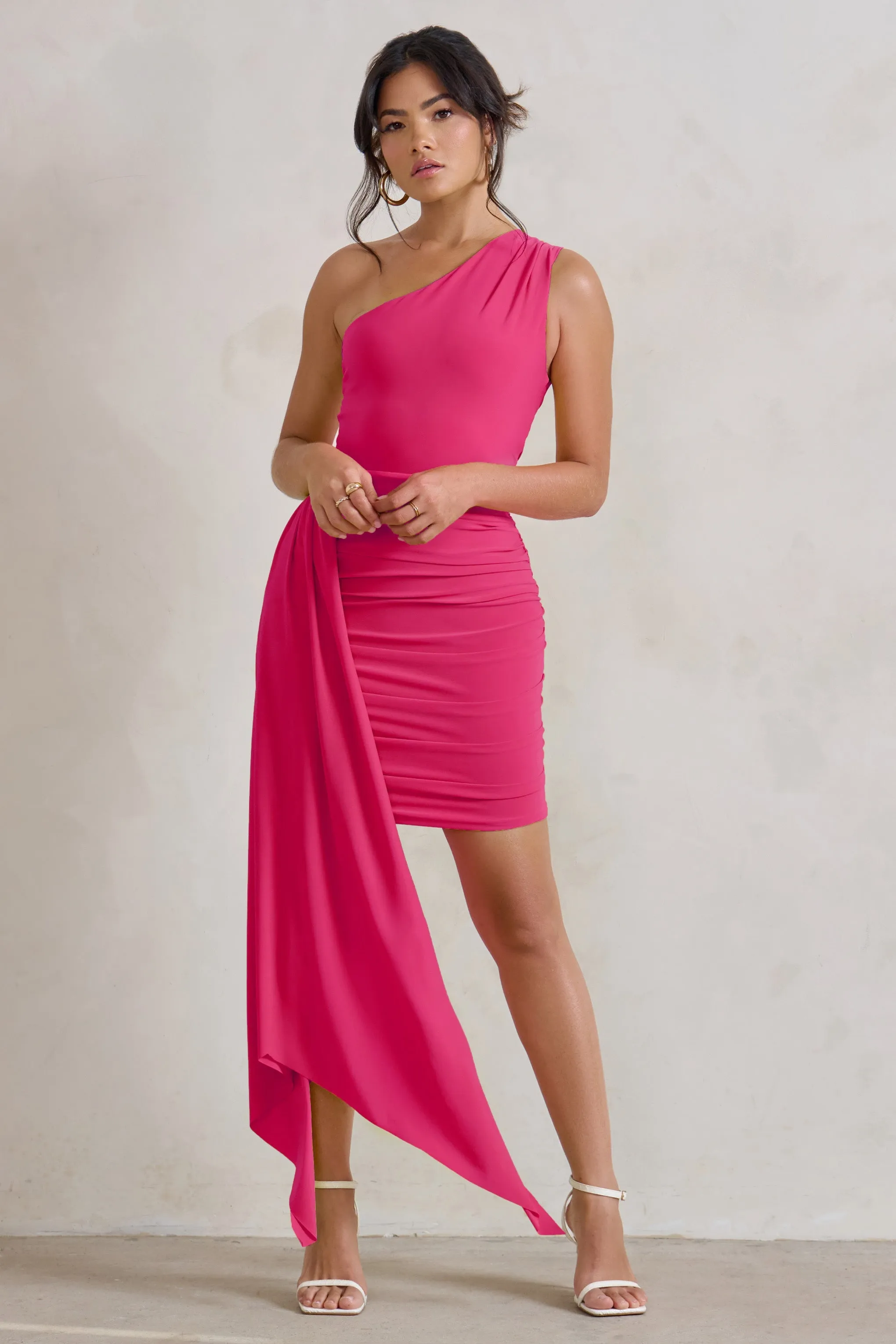 Charlie | Pink One Shoulder Ruched Mini Dress With Statement Drape