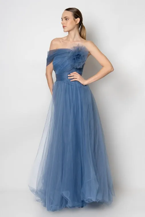 Chiffon Flowy One-shoulder A-line dress- Blue