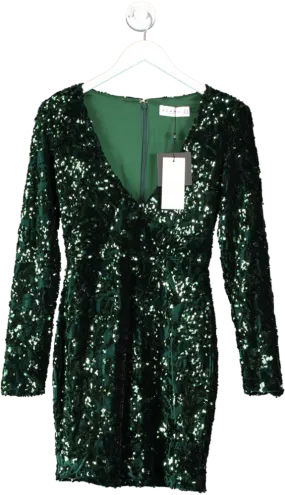 Club L Tantalise Bottle Green Sequin Plunge-neck Long-sleeve Mini Dress UK 6