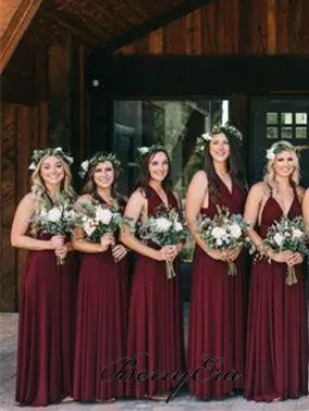 Convertible Long Jersey Bridesmaid Dresses, Burgundy Bridesmaid Dresses