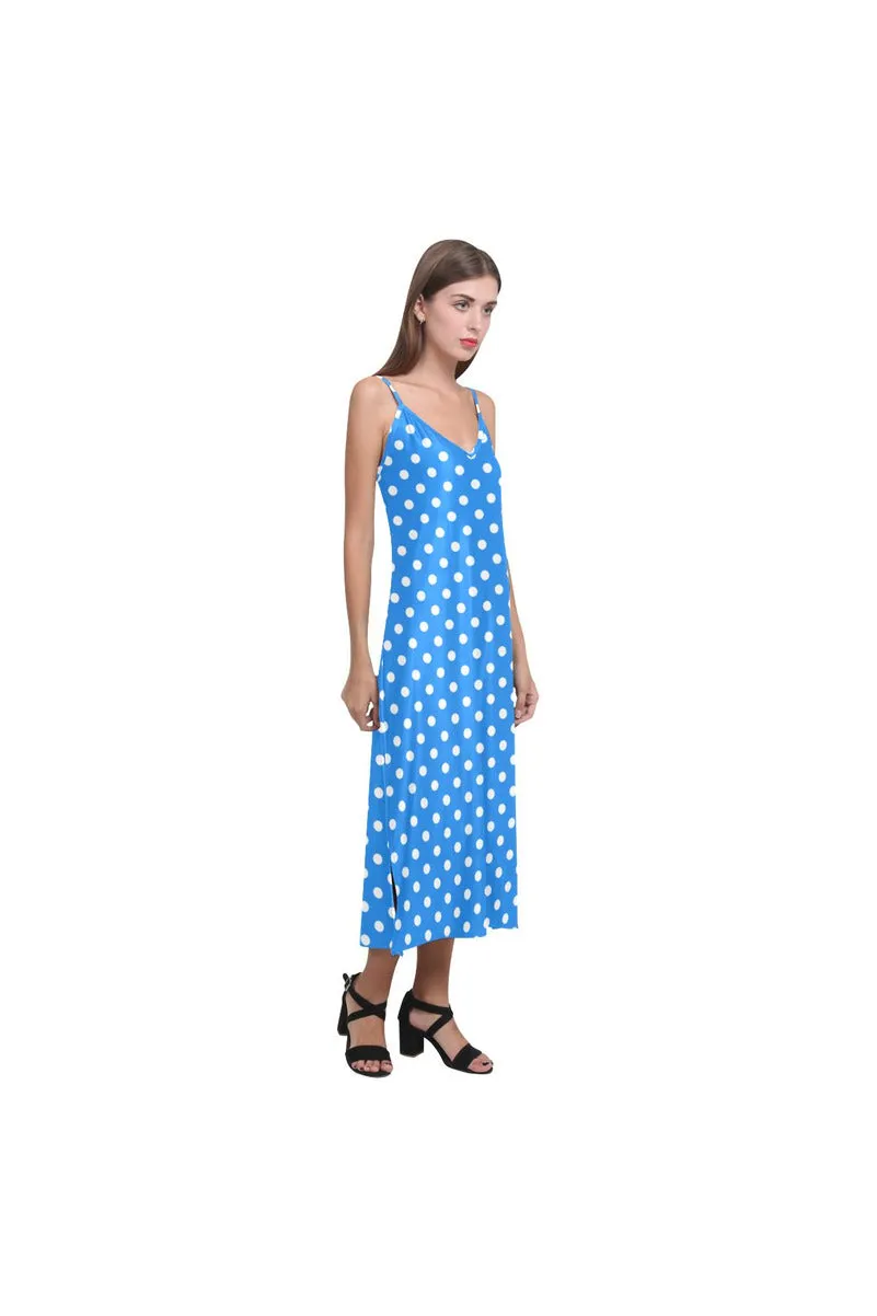 Coral Blue Pollka Dot V-Neck Open Fork Long Dress(Model D18)