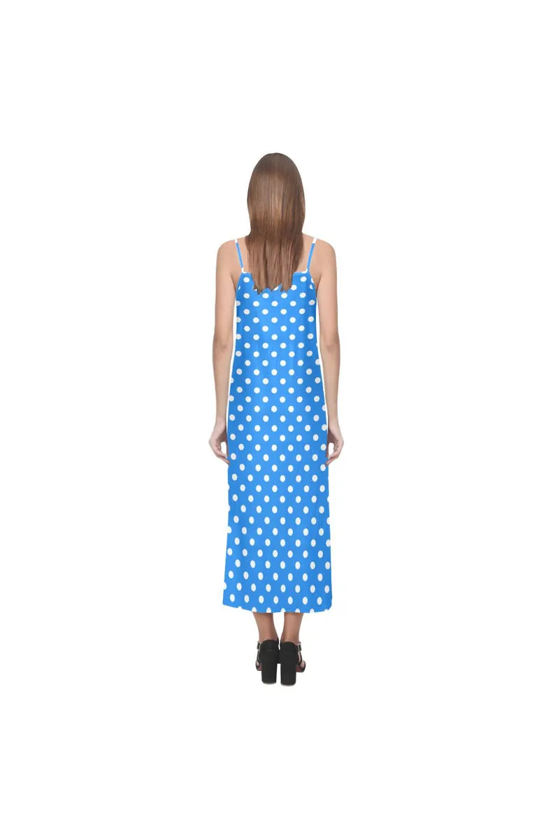 Coral Blue Pollka Dot V-Neck Open Fork Long Dress(Model D18)