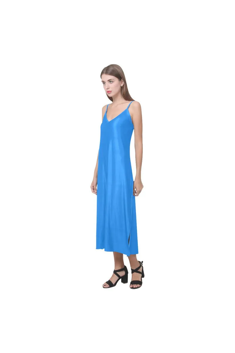 Coral Blue V-Neck Open Fork Long Dress(Model D18)