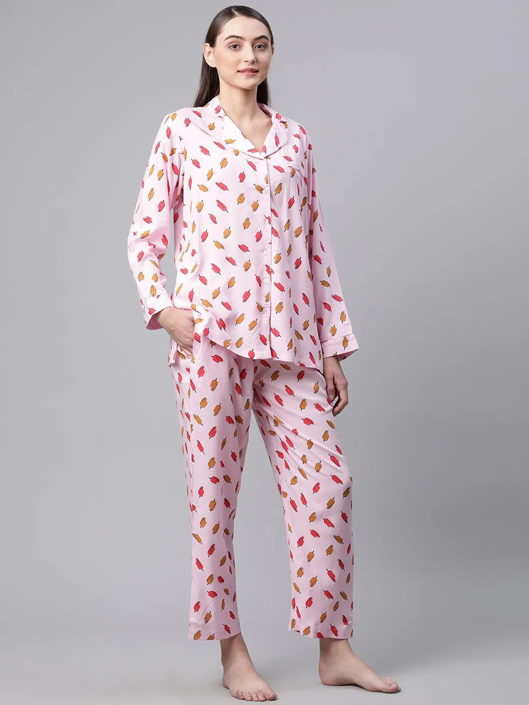 Divena Divena Light Pink Rayon Printed Night suit