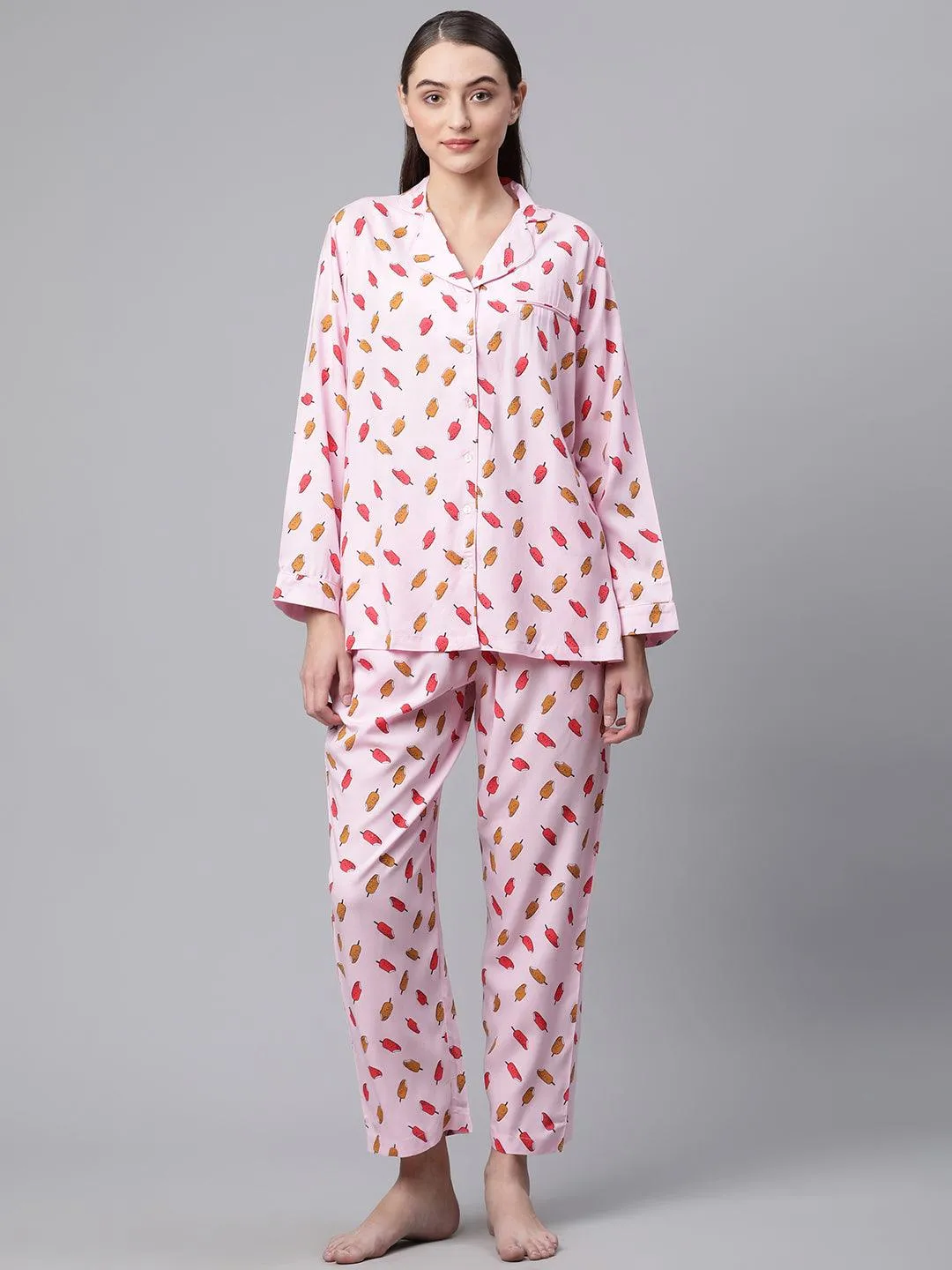 Divena Divena Light Pink Rayon Printed Night suit