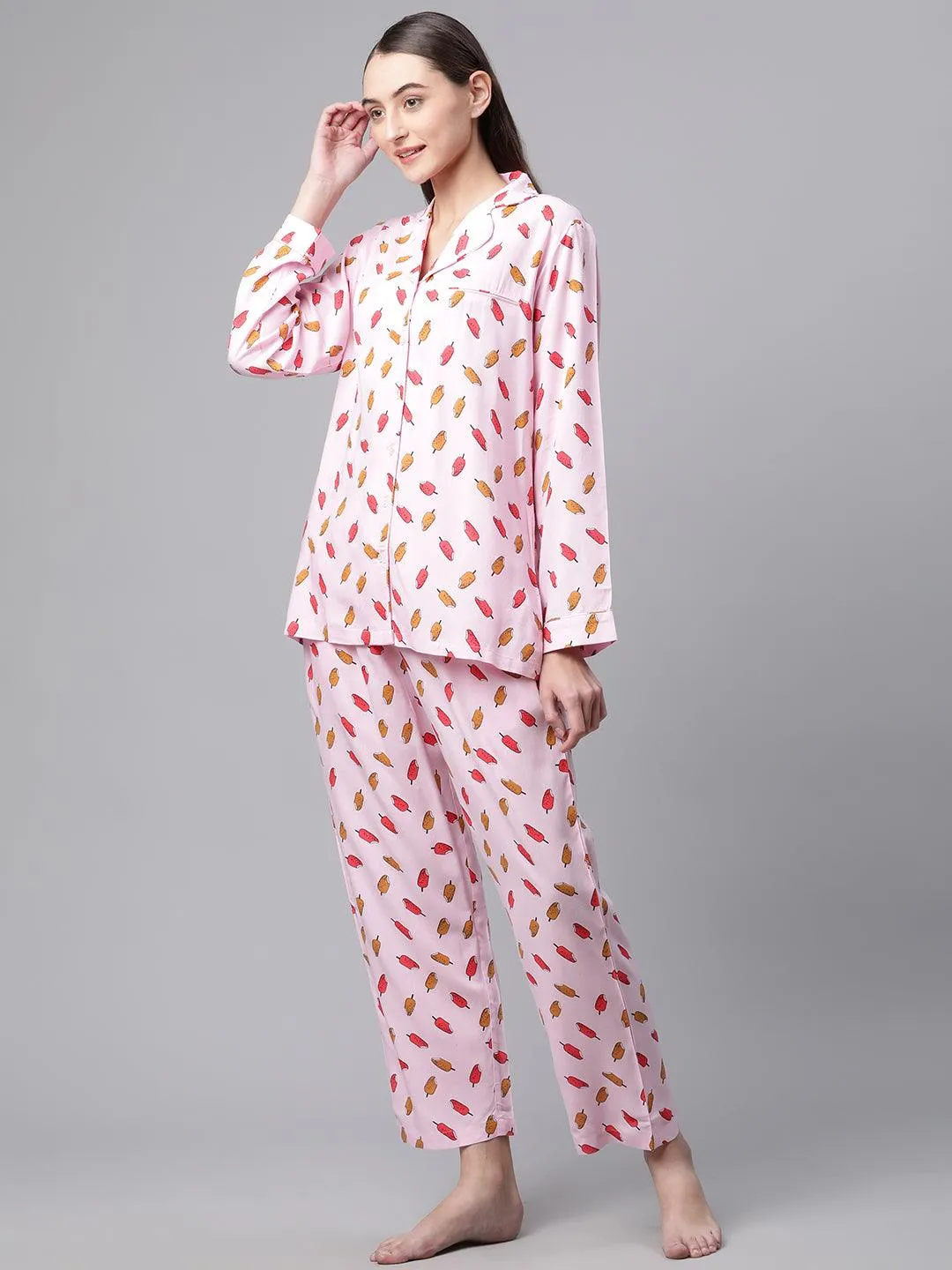 Divena Divena Light Pink Rayon Printed Night suit