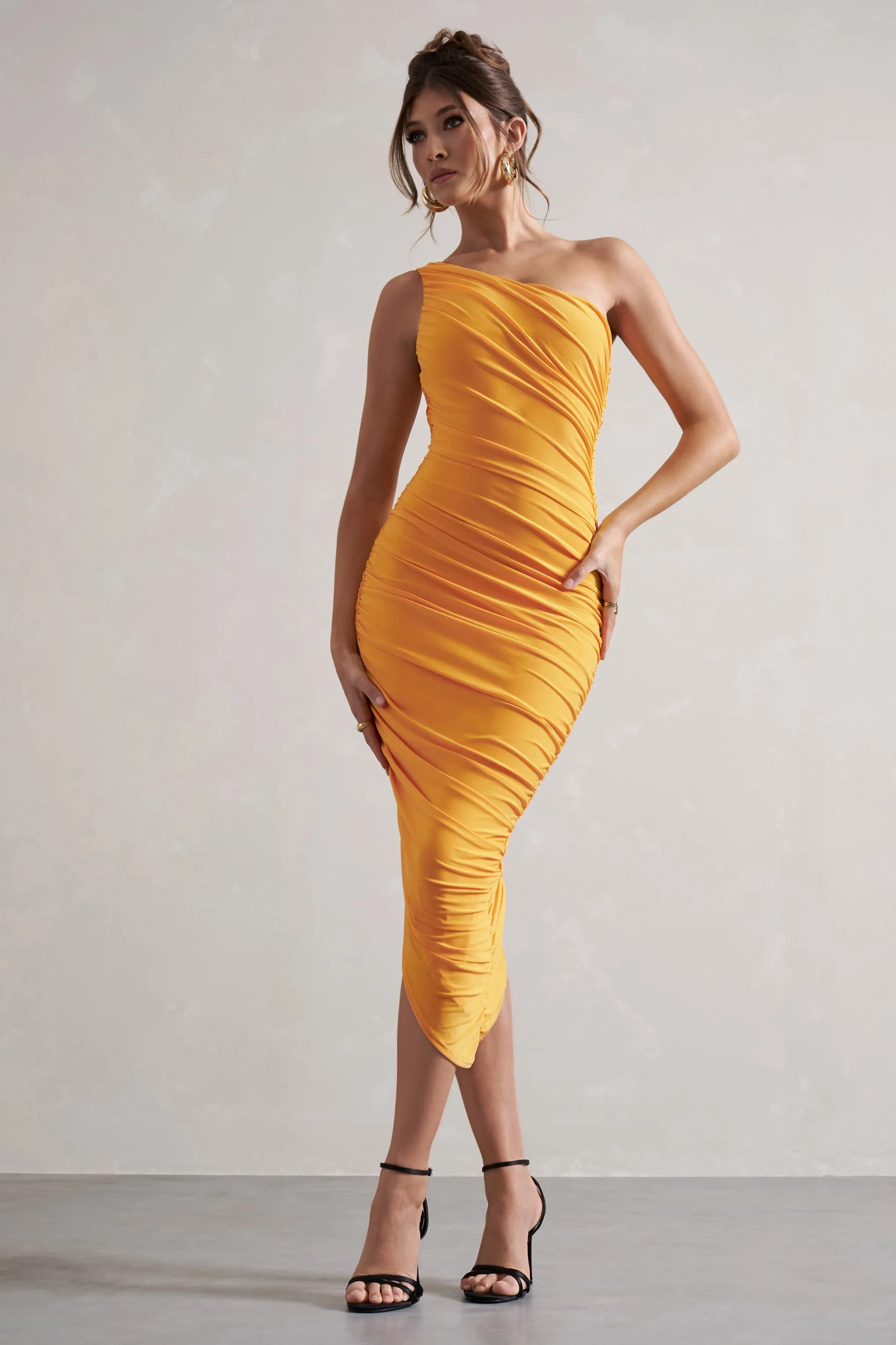 Dorit | Mango One Shoulder Asymmetric Ruched Midi Dress