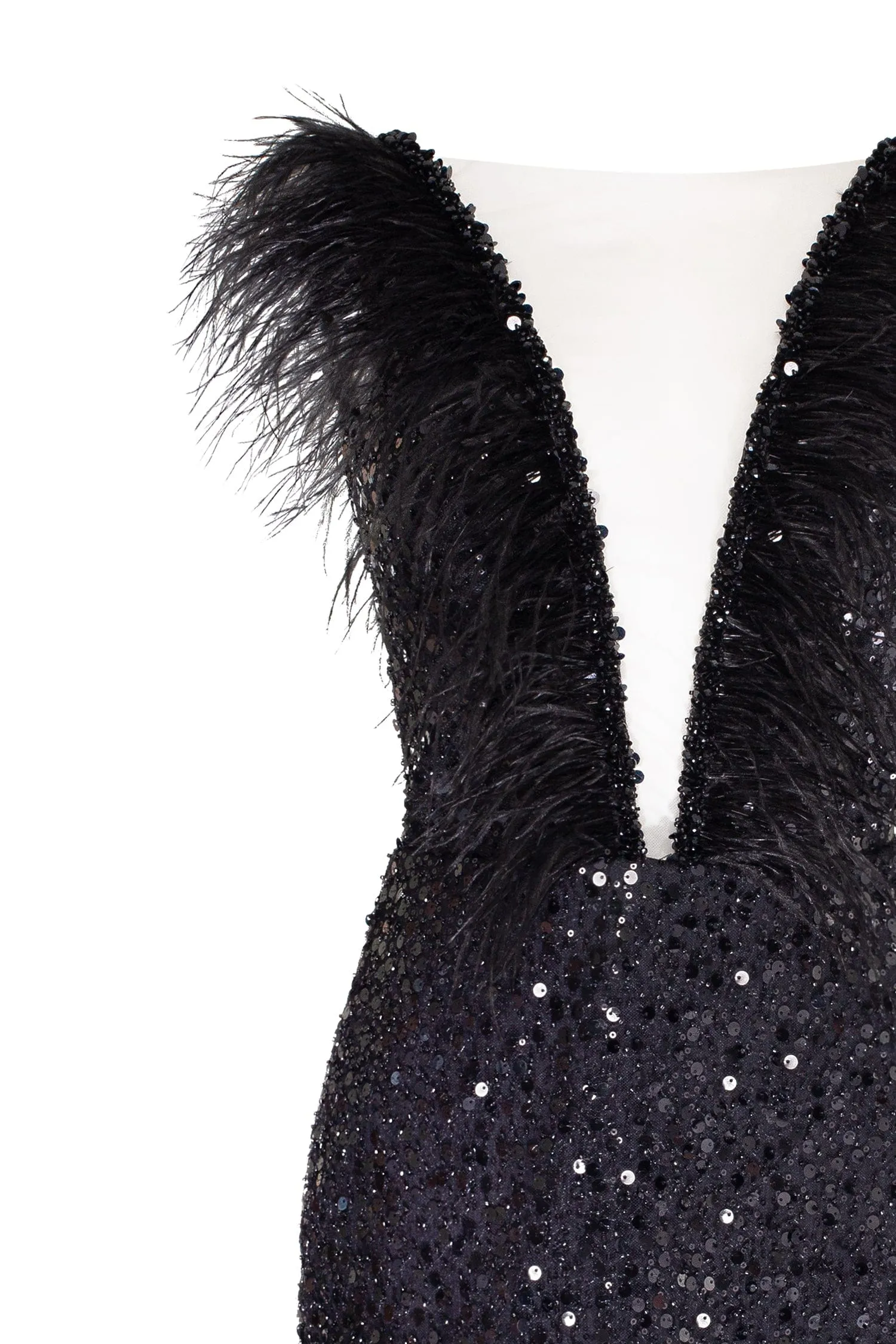 Dramatic cocktail dress on straps decorated with sequins and feathers