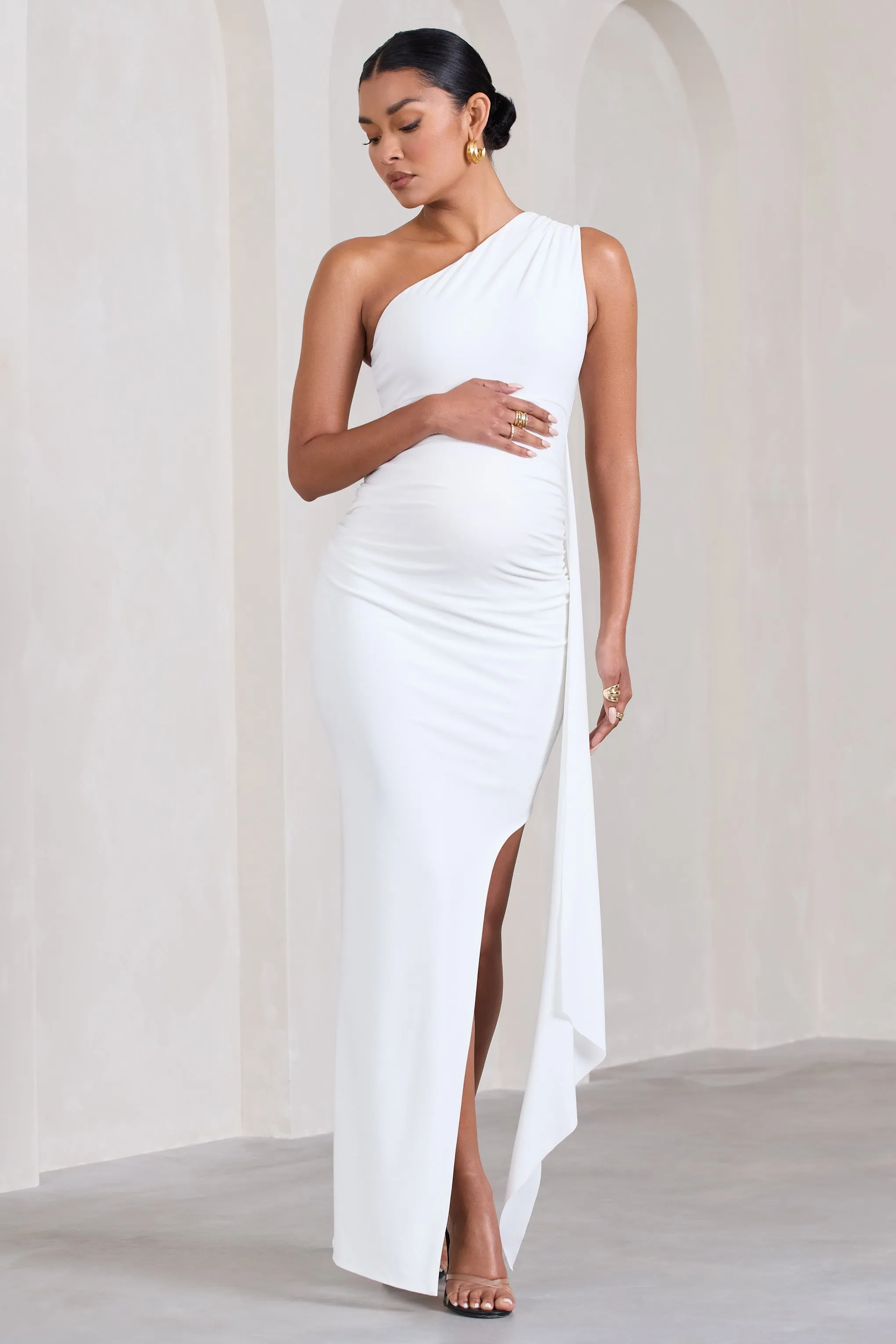 Dream Of You | White One-Shoulder Split Maternity Maxi Dress With Drape