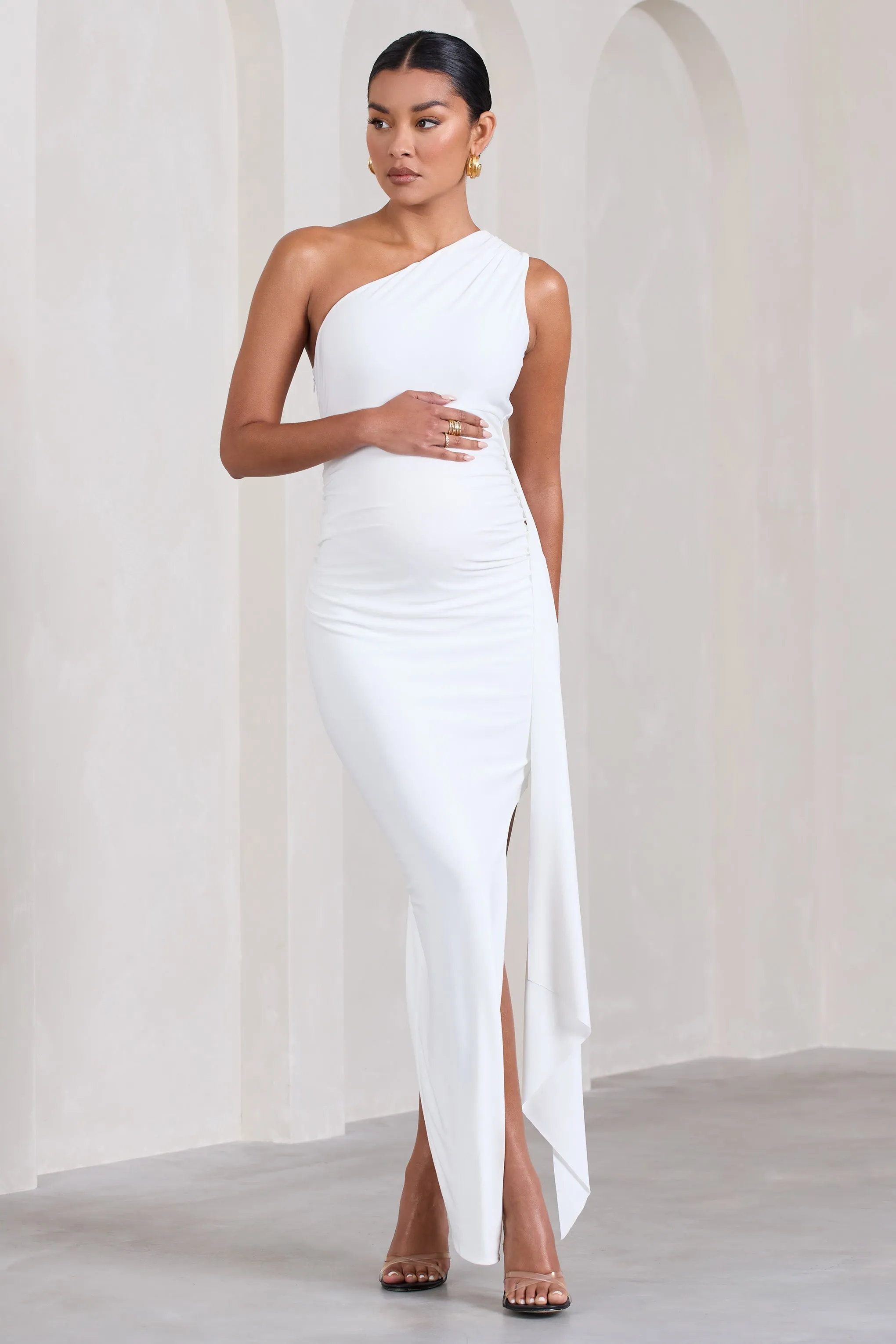 Dream Of You | White One-Shoulder Split Maternity Maxi Dress With Drape