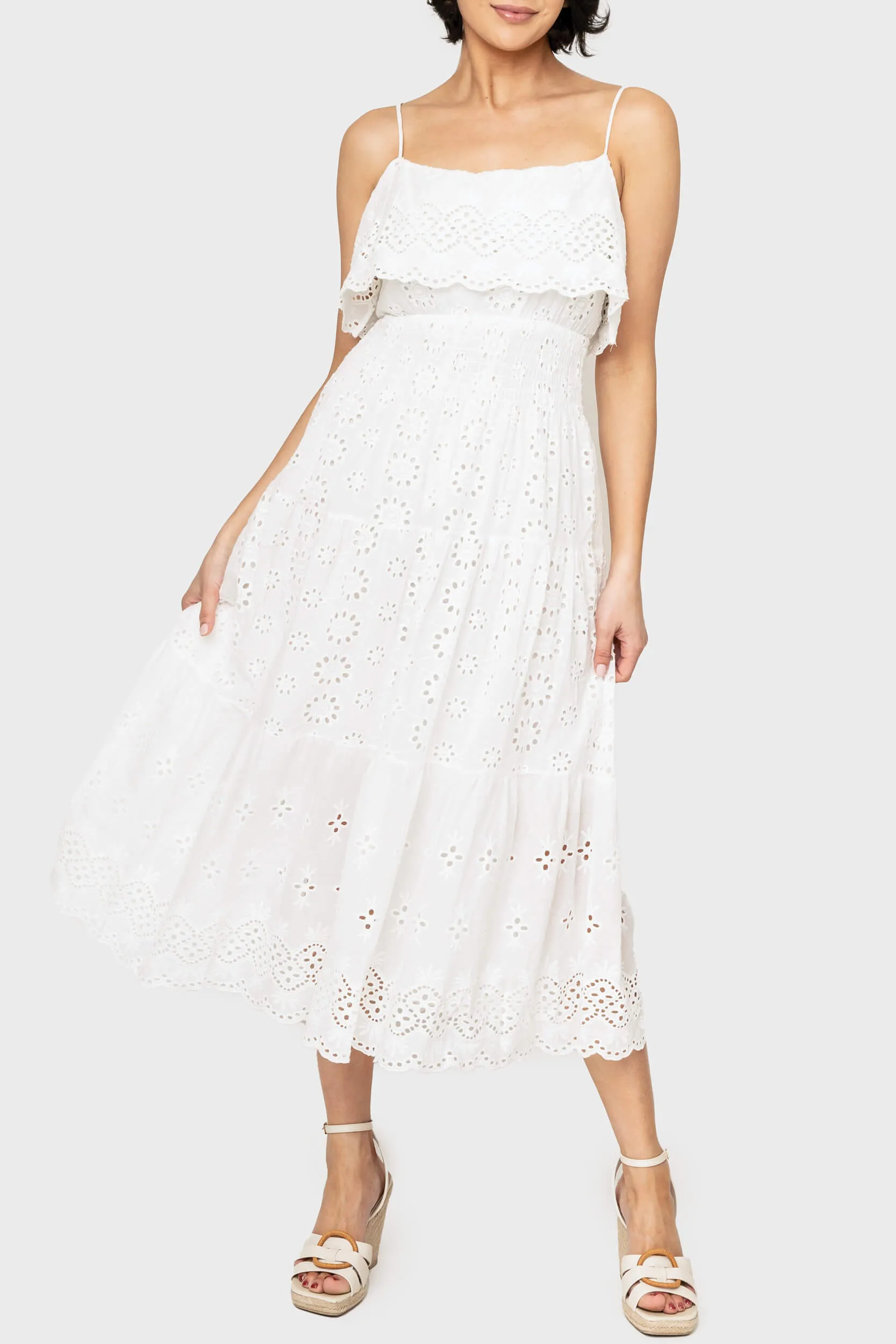 Elan Strappy Eyelet Tiered Midi Dress