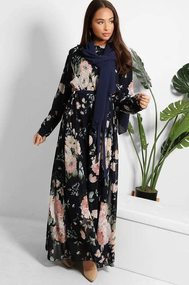 Floral Print Chiffon Modest Dress And Headscarf Set