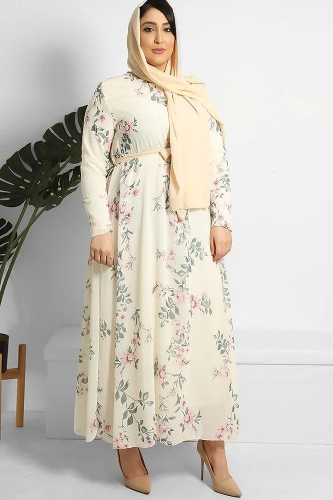 Floral Print Chiffon Modest Dress And Headscarf Set