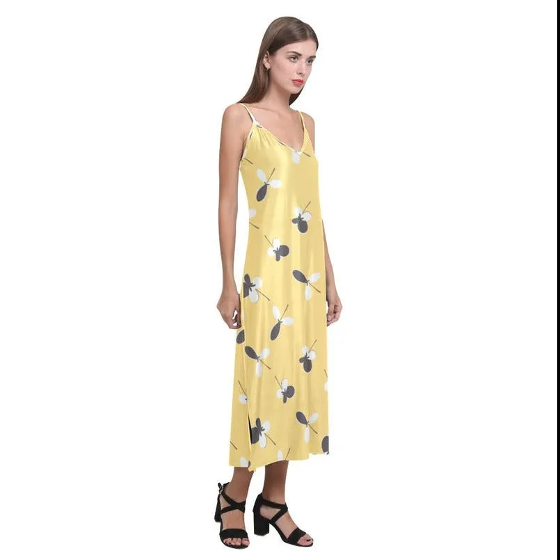 Golden Meadow V-Neck Open Fork Long Dress