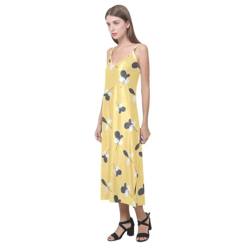 Golden Meadow V-Neck Open Fork Long Dress