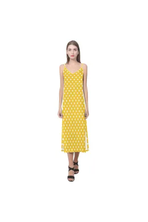 Golden Yellow Polka Dot V-Neck Open Fork Long Dress(Model D18)