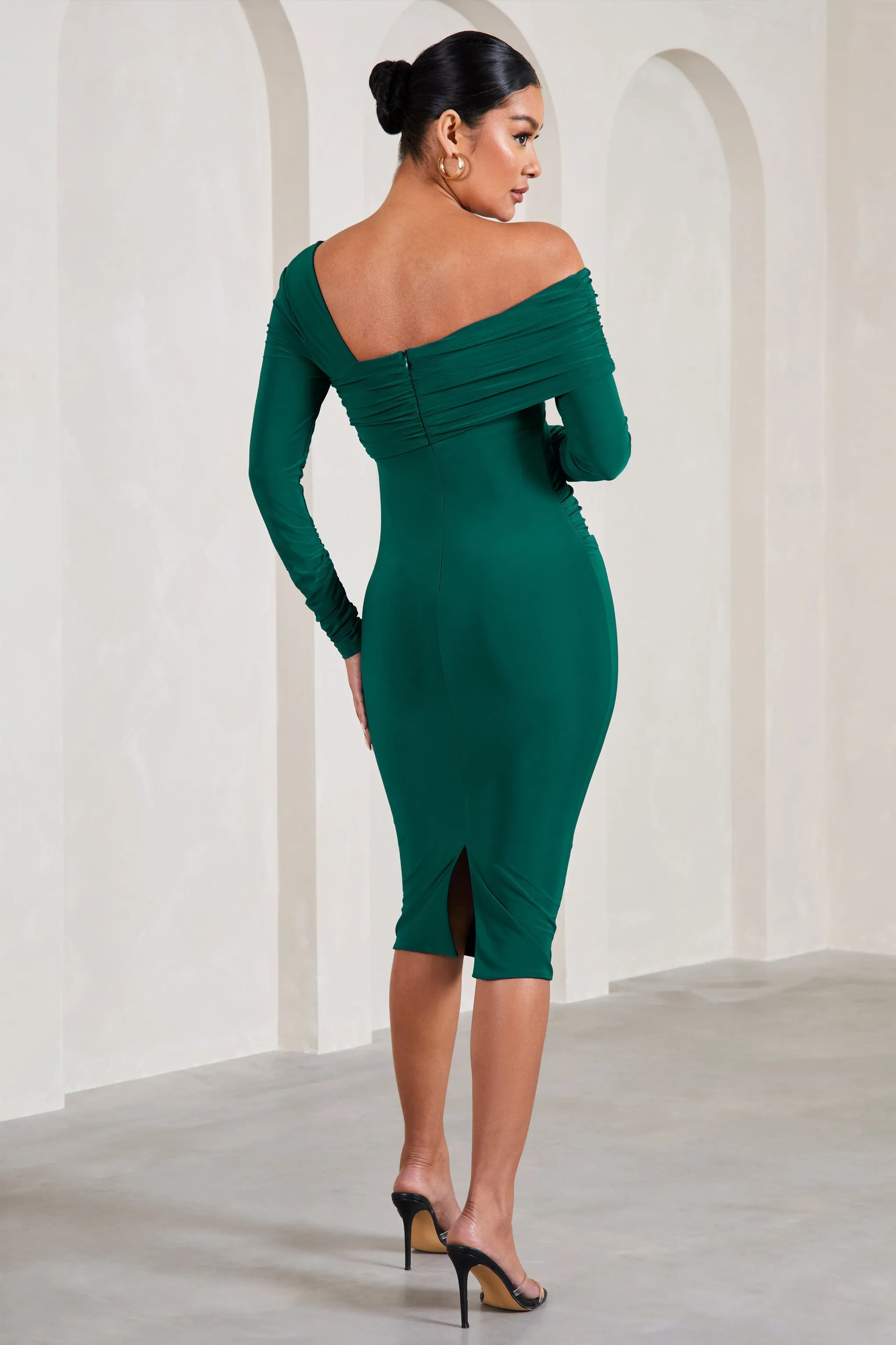 Heartbeat | Bottle Green One-Shoulder Long-Sleeved Maternity Midi Dress