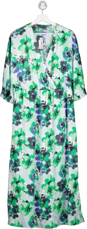 M&S Green Floral V-neck Midi Waisted Dress UK 14