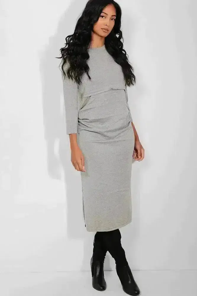 Maternity Grey Side Splits Flat Knit Maxi Dress