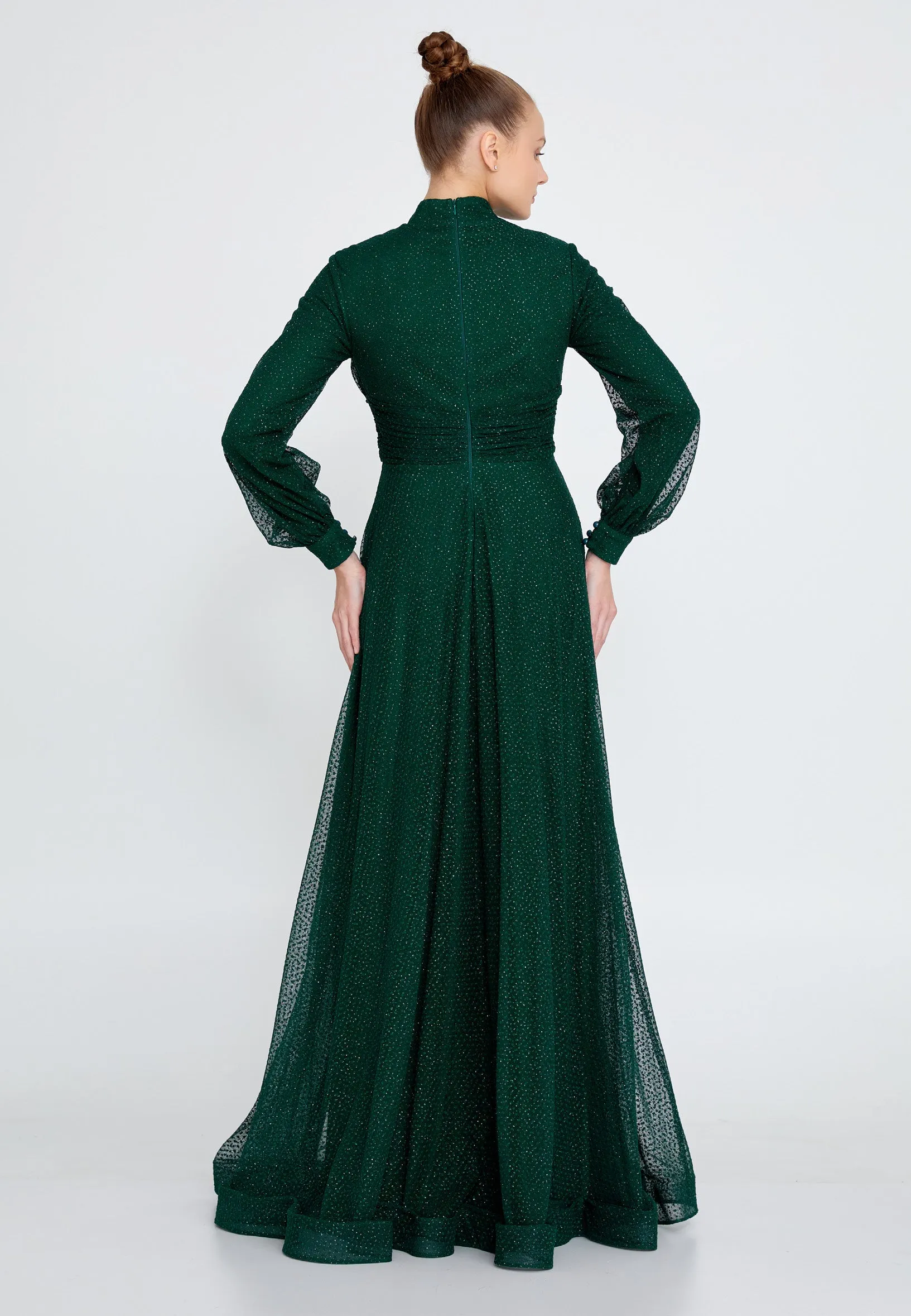 Modest Long Sleeve Chiffon Glitter Long Dress - Emerald