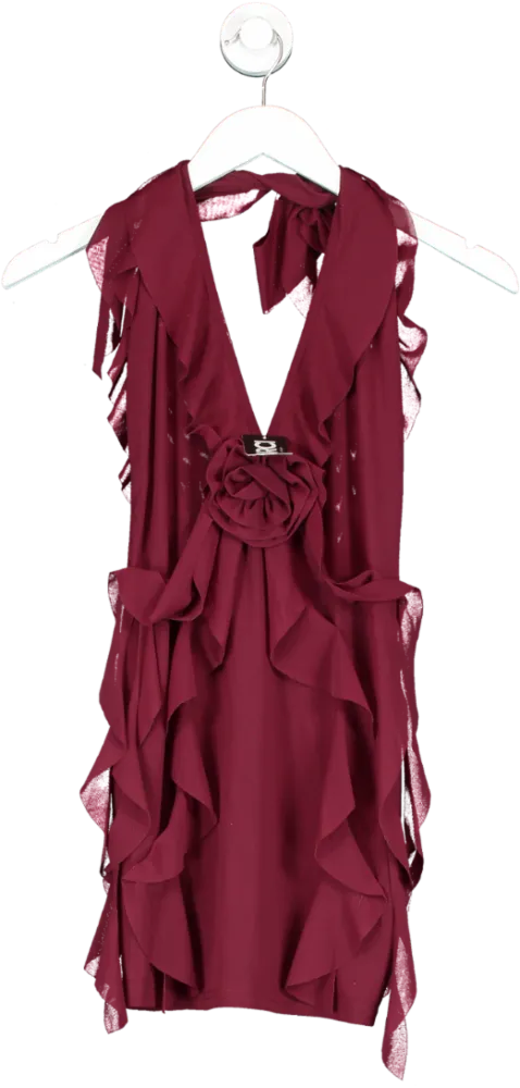 MURCI Red Rose Detail Ruffled Mini Dress Burgundy UK 12