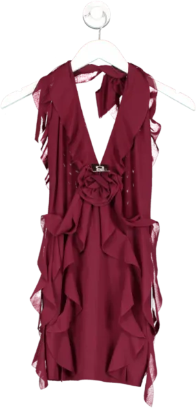 MURCI Red Rose Detail Ruffled Mini Dress Burgundy UK 12