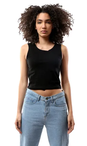 O178384 Wide V-Neck Black Short Tank Top