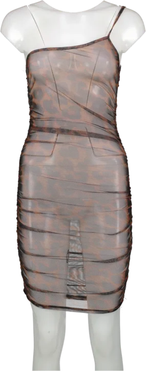 PrettyLittleThing Brown One Shoulder Mesh Leopard Print Dress UK 8