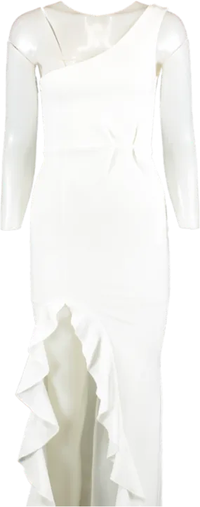 PrettyLittleThing White One Shoulder Ruffle Hem Maxi Dress UK 10