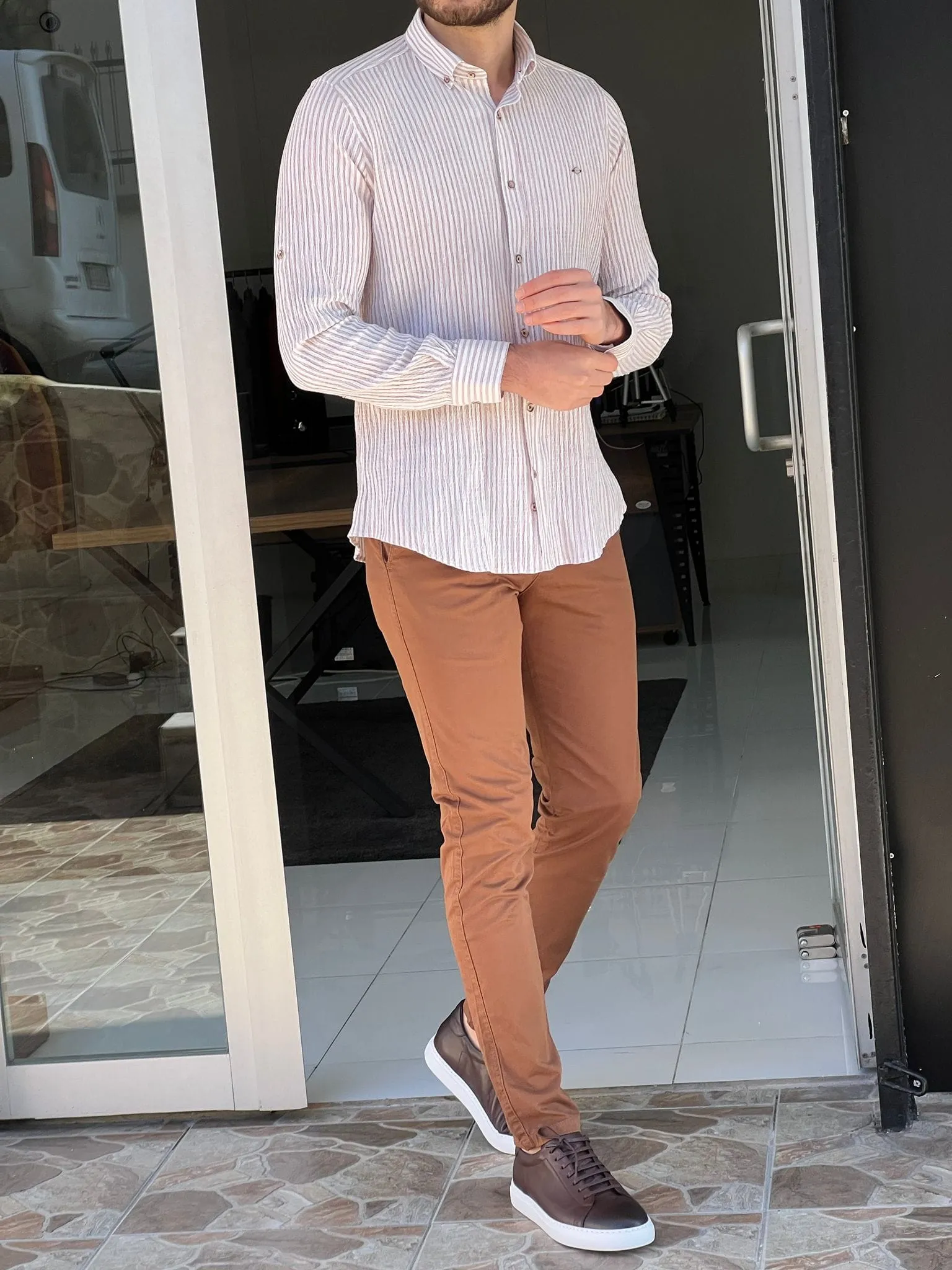 Slim Fit Foldable Sleeve Seersucker Beige Shirt