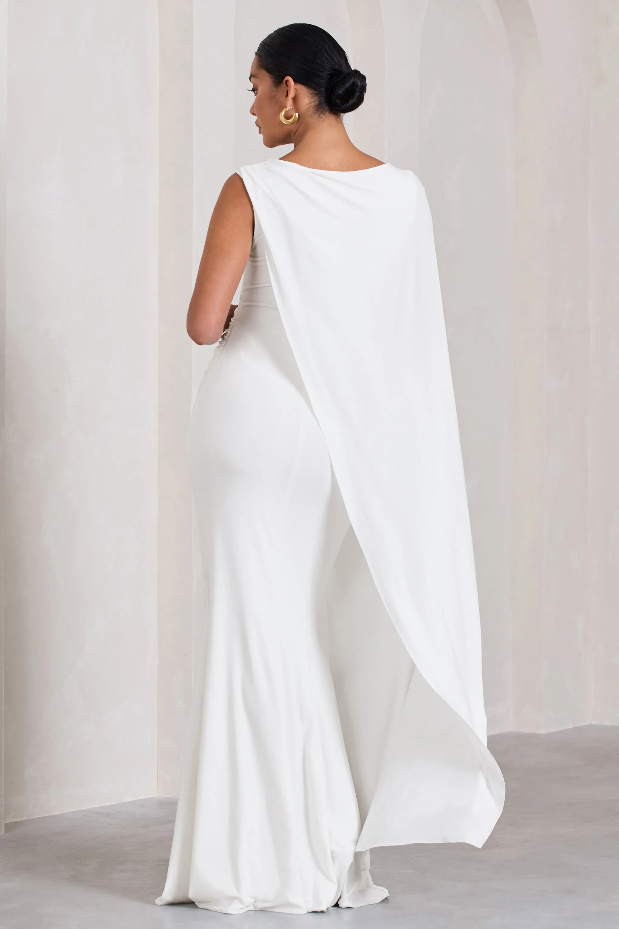 Elegant One-Sleeve Cape Maternity Maxi Dress in White