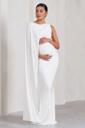 Elegant One-Sleeve Cape Maternity Maxi Dress in White