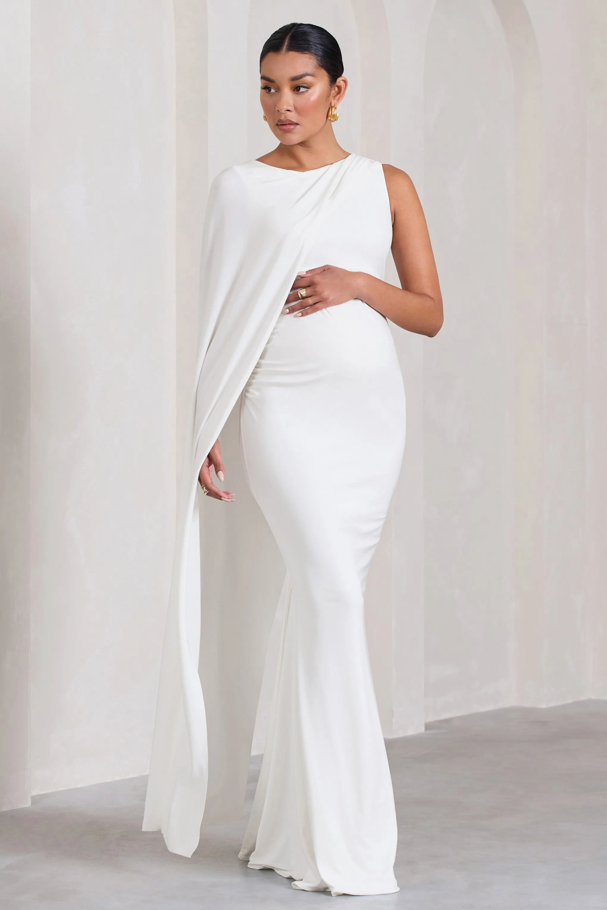 Elegant One-Sleeve Cape Maternity Maxi Dress in White