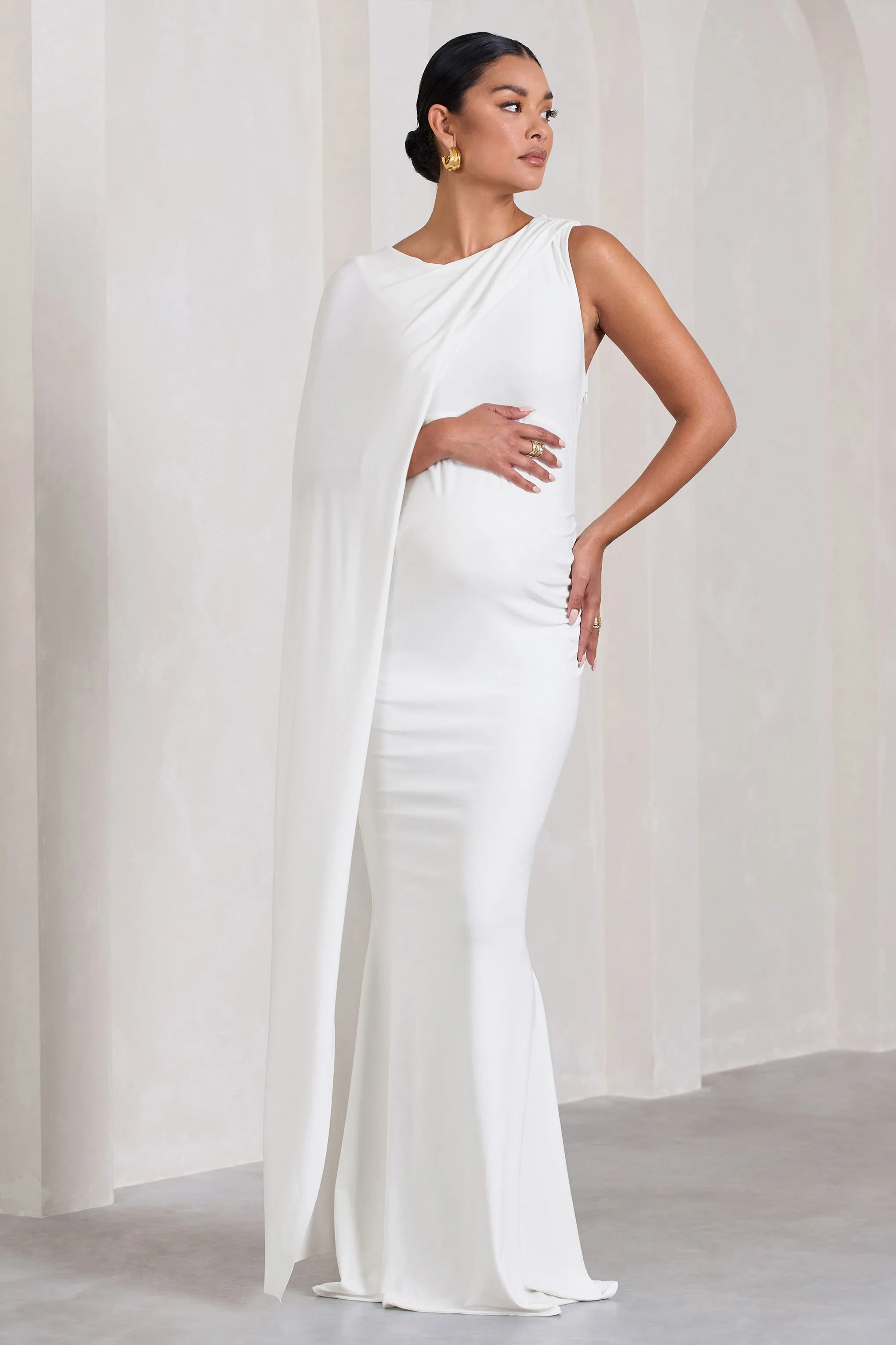 Elegant One-Sleeve Cape Maternity Maxi Dress in White