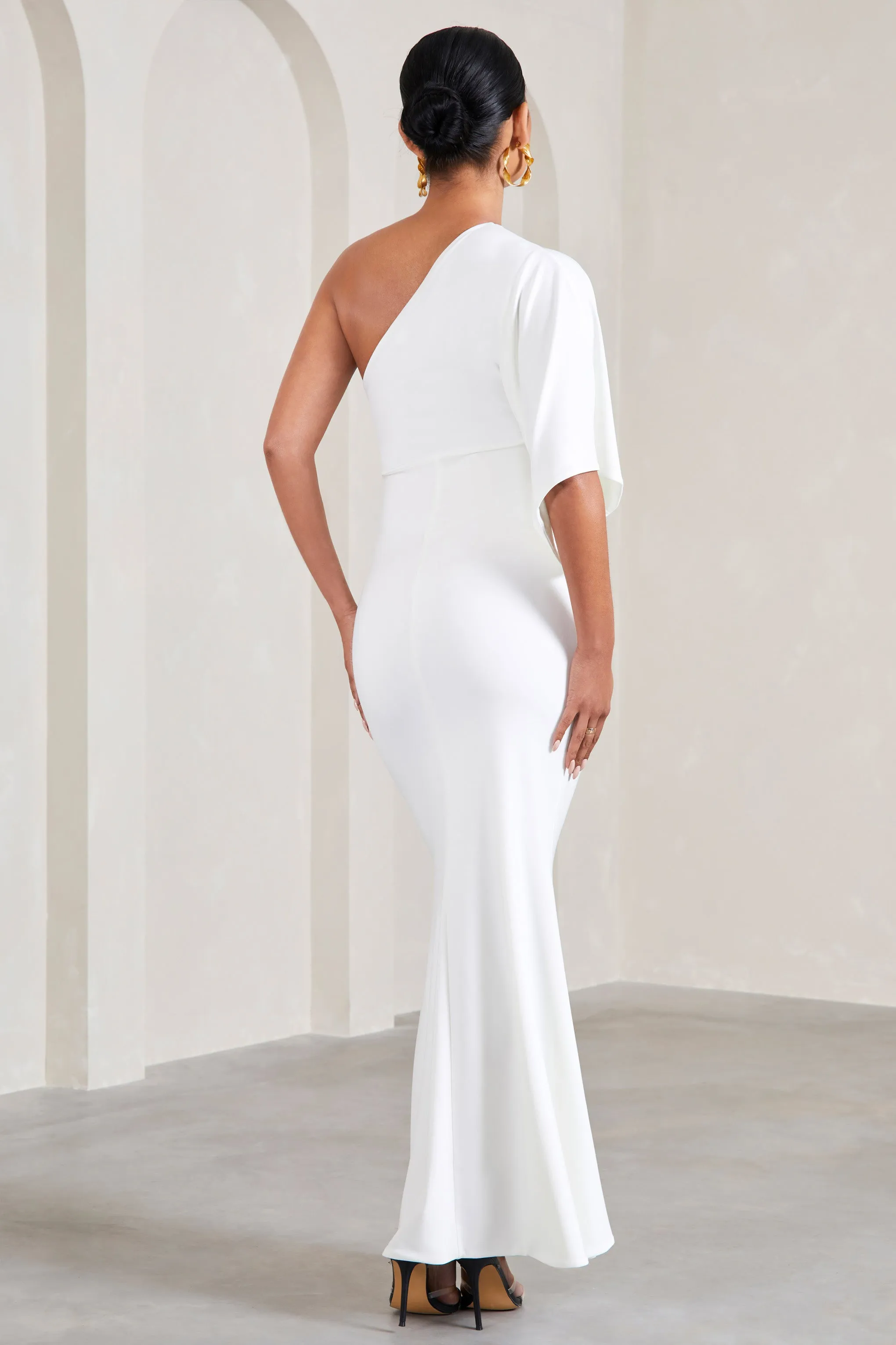 Wisdom | White Ruched Asymmetric One-Shoulder Maternity Maxi Dress